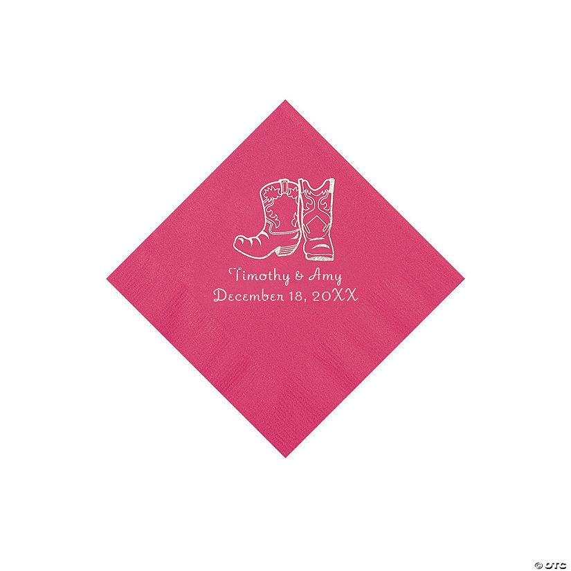Hot Pink Cowboy Boots Personalized Napkins with Silver Foil - Beverage Image Thumbnail