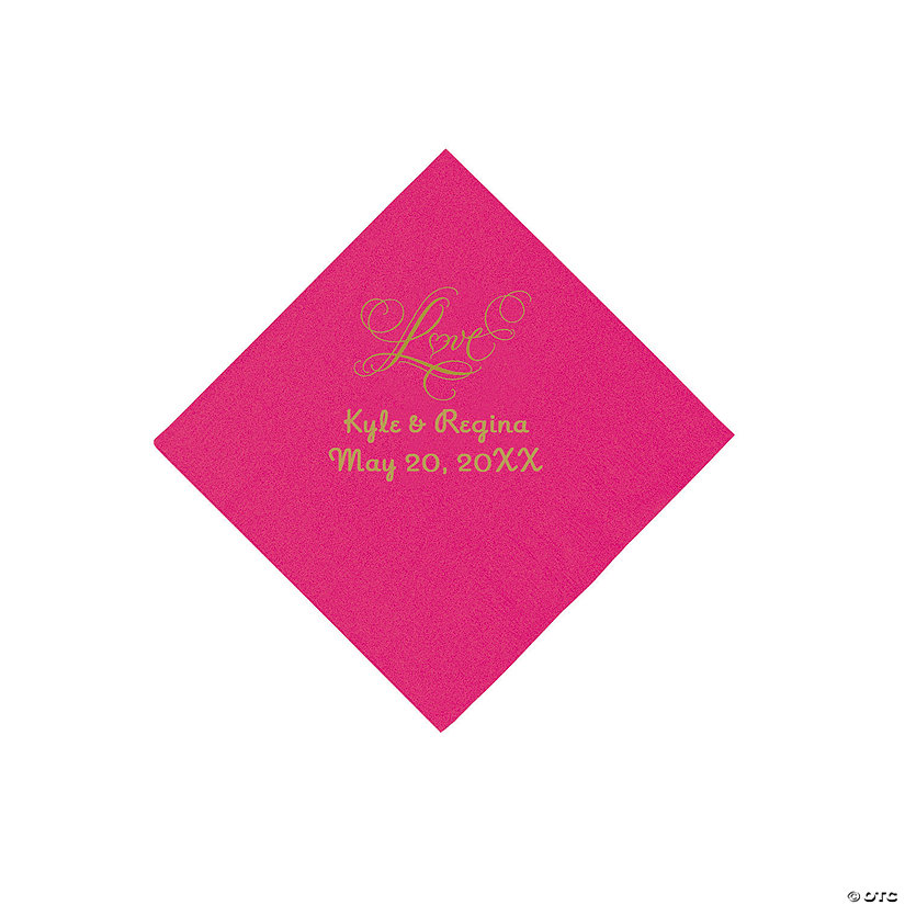 Hot Pink &#8220;Love&#8221; Personalized Napkins with Gold Foil - Beverage Image