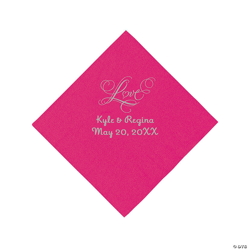 Hot Pink &#8220;Love&#8221; Personalized Napkins with Silver Foil - Beverage Image