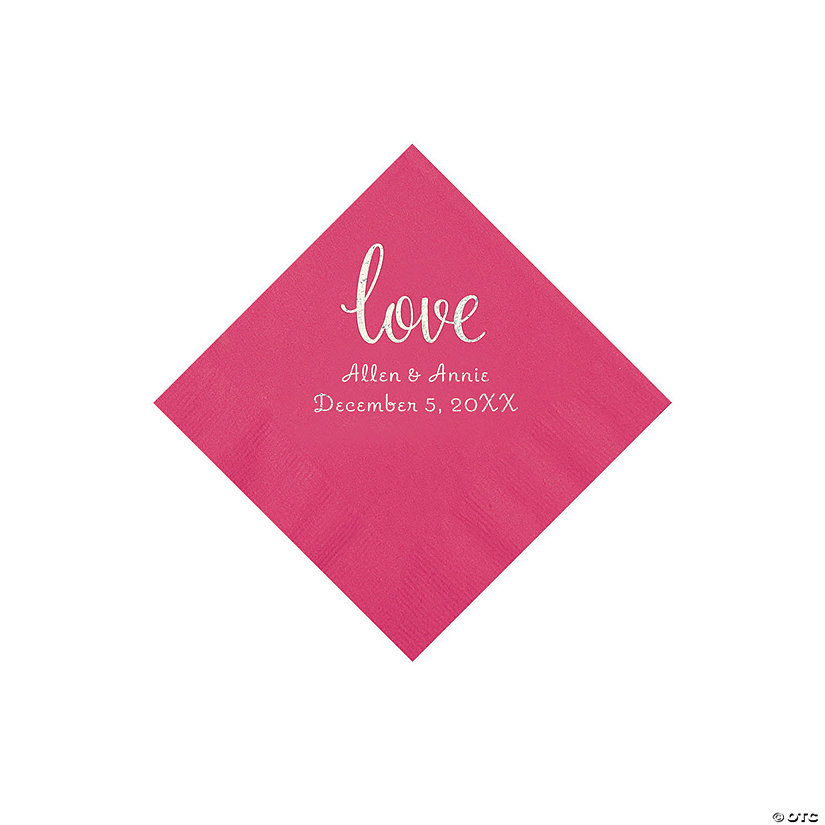 Hot Pink Love Script Personalized Napkins with Silver Foil - Beverage Image Thumbnail