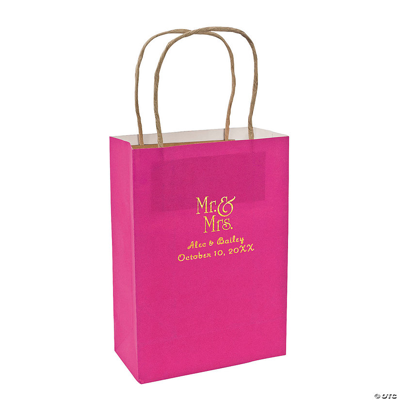 Hot Pink Medium Mr. & Mrs. Personalized Kraft Paper Gift Bags with Gold Foil - 12 Pc. Image Thumbnail
