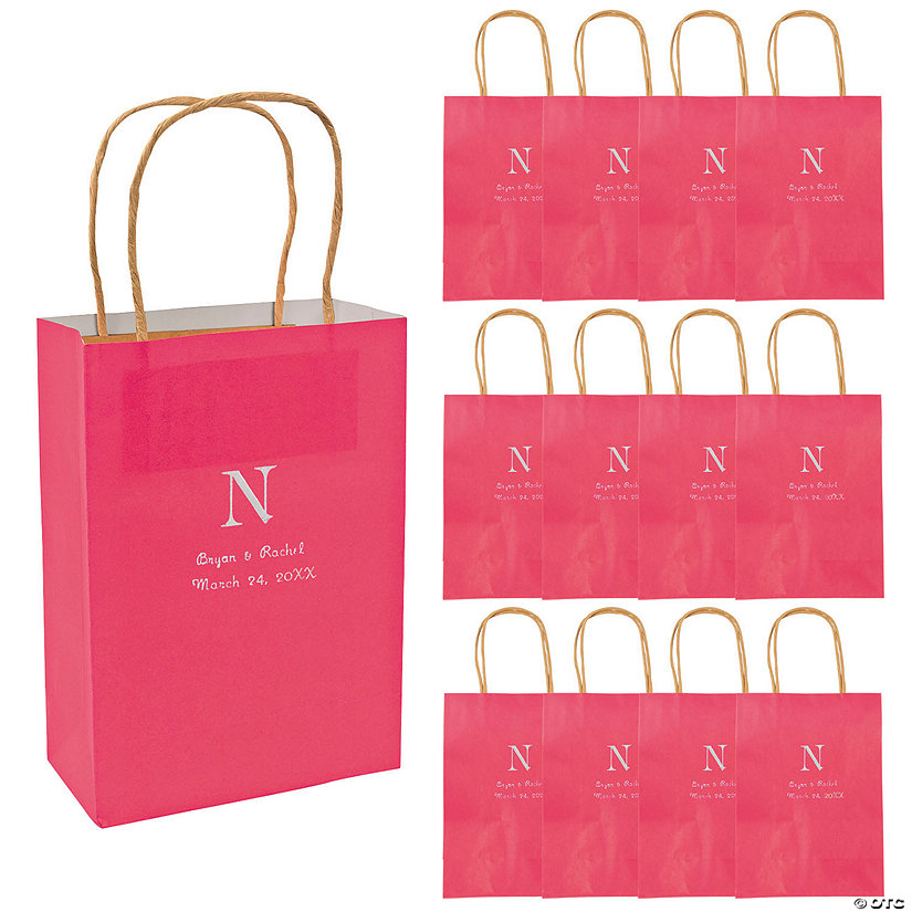 Hot Pink Medium Personalized Monogram Welcome Paper Gift Bags with Silver Foil - 12 Pc. Image