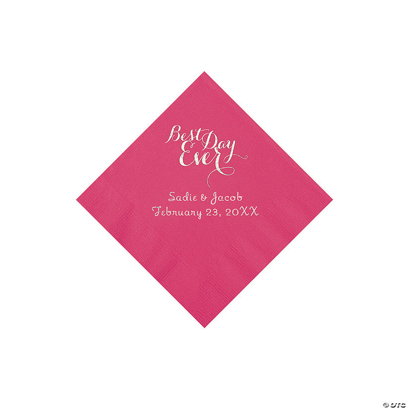 Hot Pink Personalized Best Day Ever Napkins with Silver Foil - Beverage Image Thumbnail