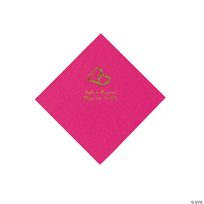 Hot Pink Two Hearts Personalized Napkins with Gold Foil - Beverage Image