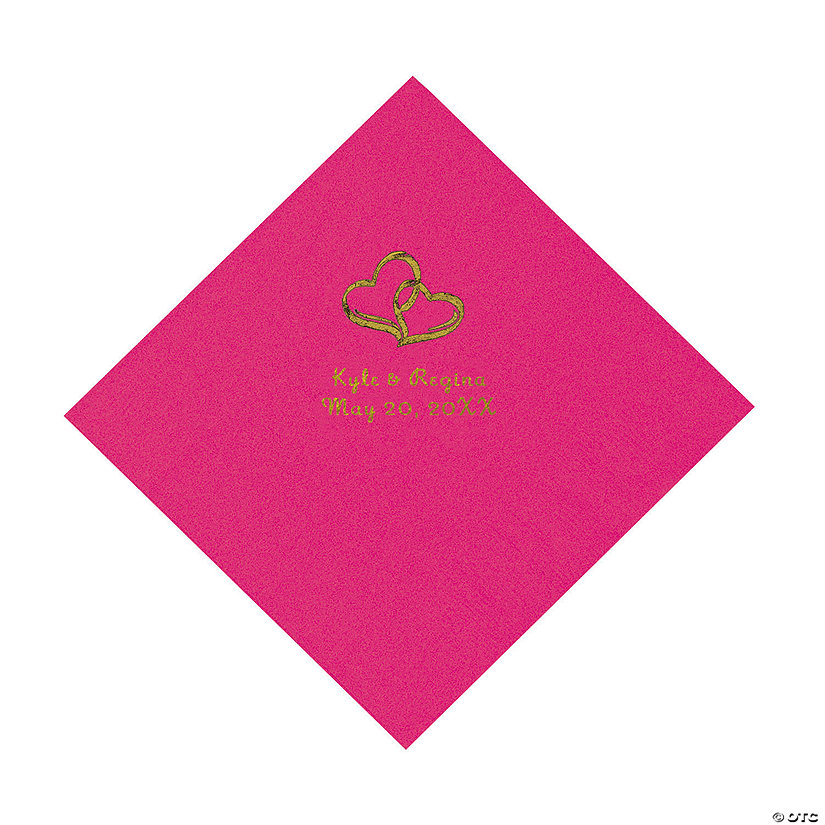 Hot Pink Two Hearts Personalized Napkins with Gold Foil - Luncheon Image