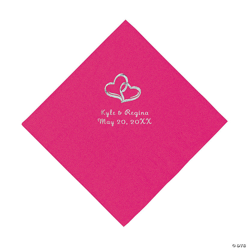 Hot Pink Two Hearts Personalized Napkins with Silver Foil - Beverage Image