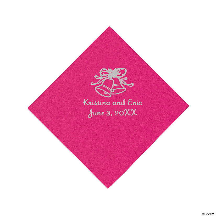 Hot Pink Wedding Bell Personalized Napkins with Silver Foil - Beverage Image