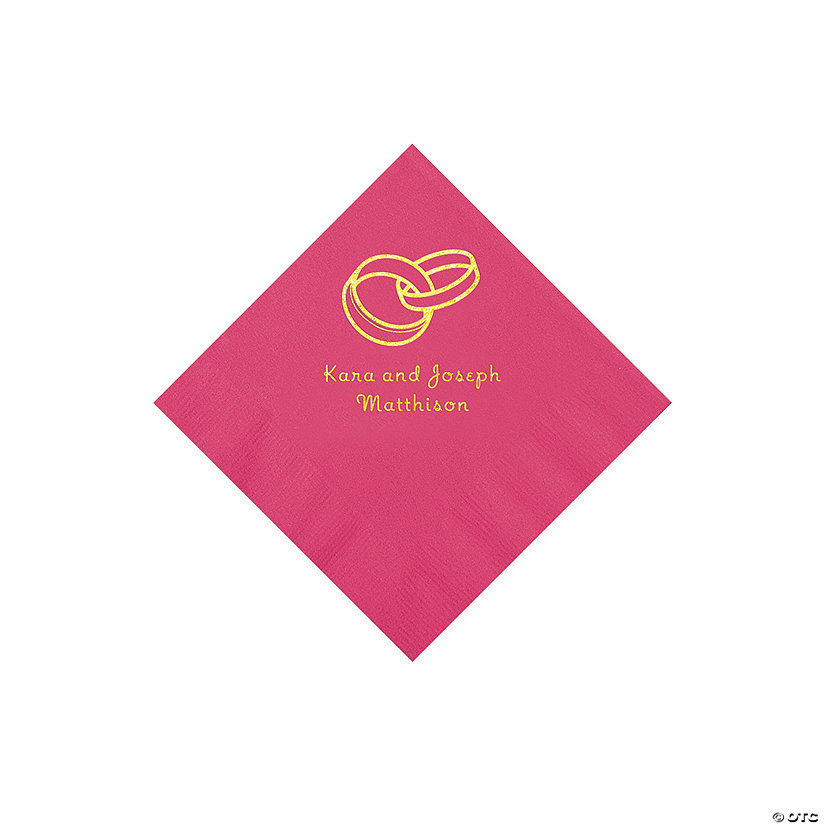 Hot Pink Wedding Ring Personalized Napkins with Gold Foil - 50 Pc. Beverage Image