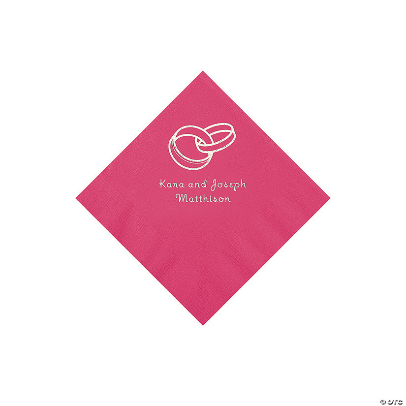 Hot Pink Wedding Ring Personalized Napkins with Silver Foil - 50 Pc. Beverage Image