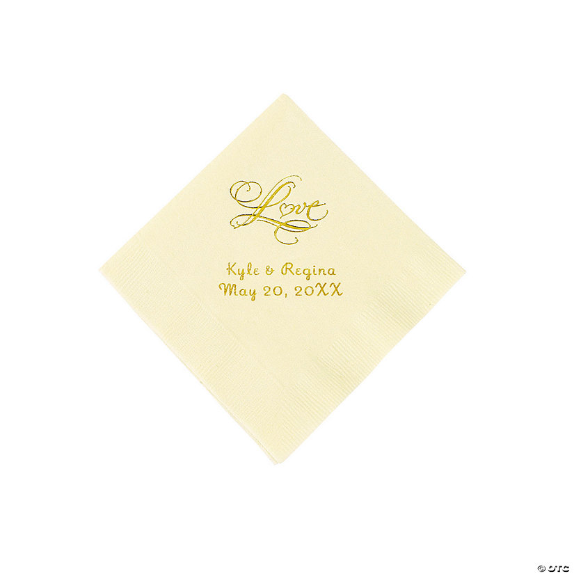 Ivory &#8220;Love&#8221; Personalized Napkins with Gold Foil - Beverage Image