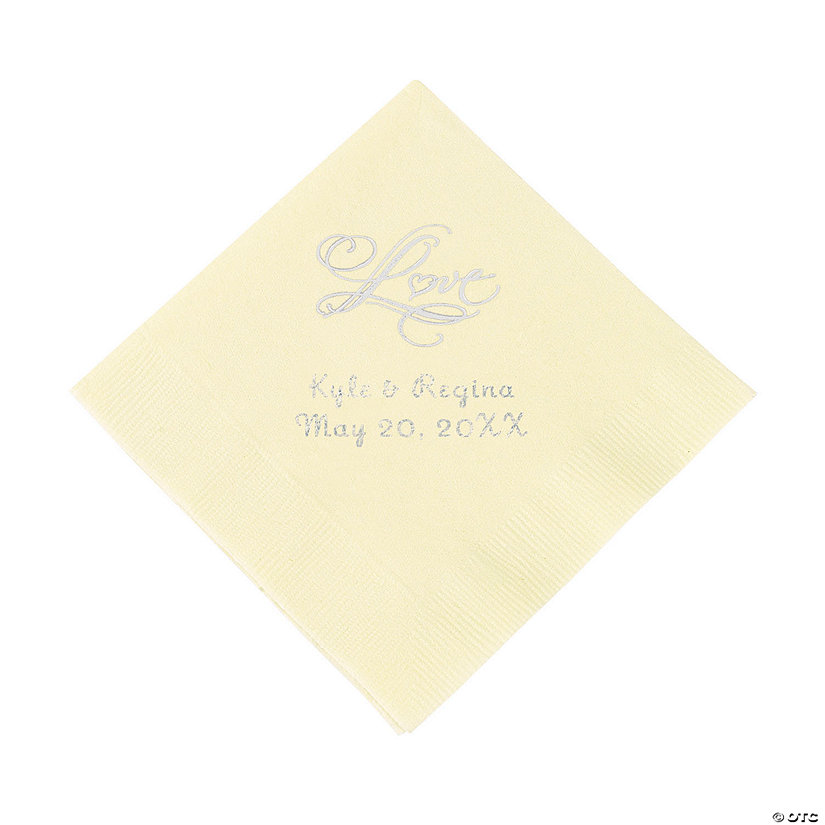 Ivory &#8220;Love&#8221; Personalized Napkins with Silver Foil - Beverage Image