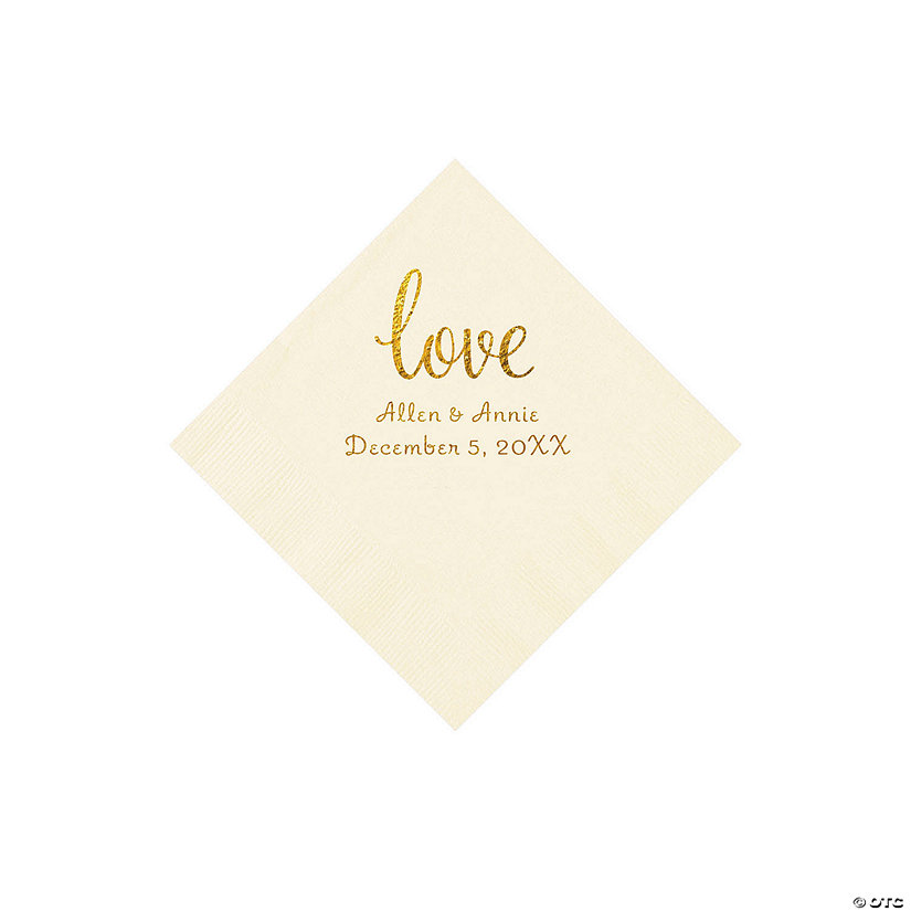 Ivory Love Script Personalized Napkins with Gold Foil - Beverage Image Thumbnail