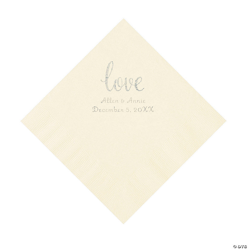 Ivory Love Script Personalized Napkins with Silver Foil - Luncheon Image Thumbnail