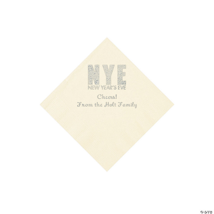 Ivory New Year&#8217;s Eve Personalized Napkins with Silver Foil - Beverage Image Thumbnail