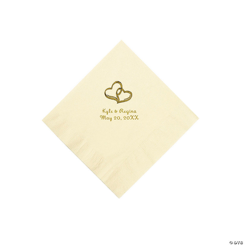 Ivory Two Hearts Personalized Napkins with Gold Foil - Beverage Image