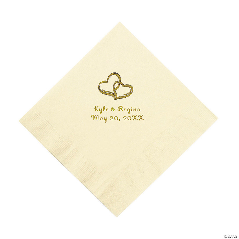 Ivory Two Hearts Personalized Napkins with Gold Foil - Luncheon Image