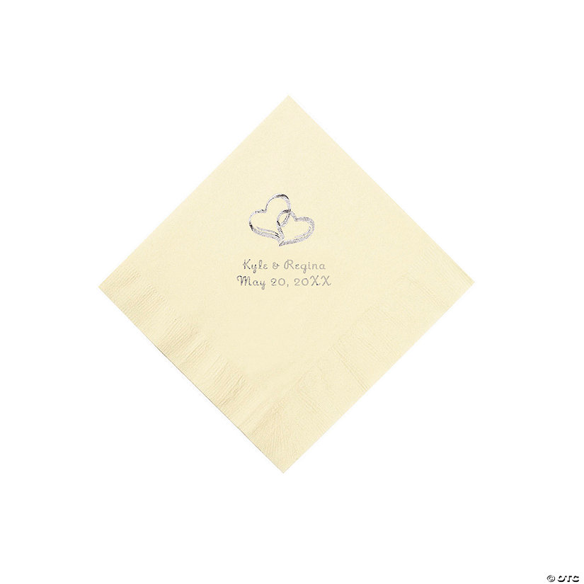 Ivory Two Hearts Personalized Napkins with Silver Foil - Beverage Image