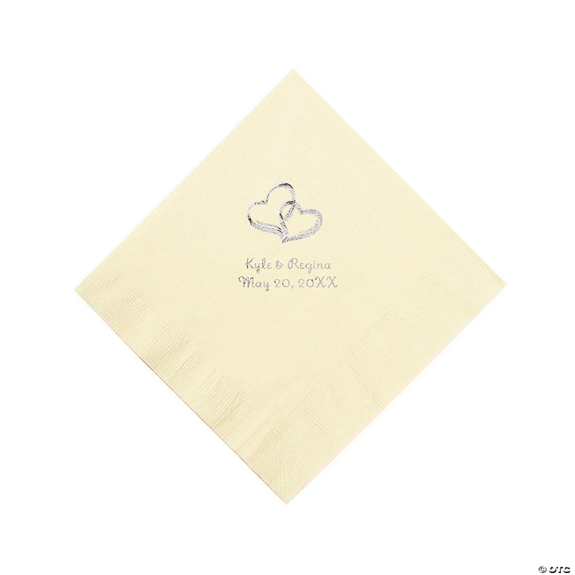 Ivory Two Hearts Personalized Napkins with Silver Foil - Luncheon Image