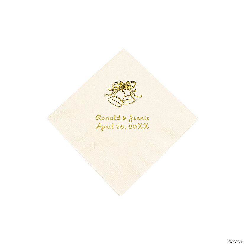 Ivory Wedding Bell Personalized Napkins with Gold Foil - Beverage Image
