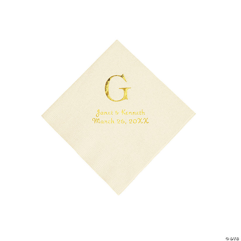 Ivory Wedding Monogram Personalized Napkins with Gold Foil - Beverage Image Thumbnail