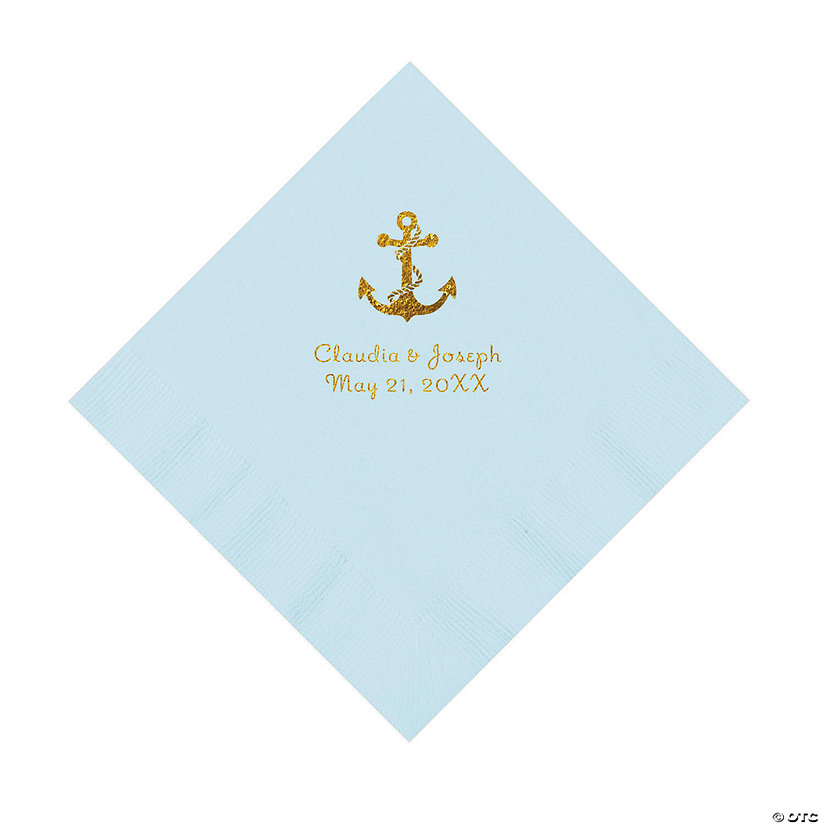 Light Blue Anchor Personalized Napkins with Gold Foil - Luncheon Image Thumbnail