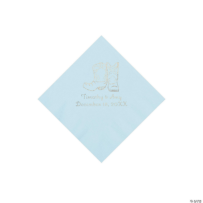 Light Blue Cowboy Boots Personalized Napkins with Silver Foil - Beverage Image
