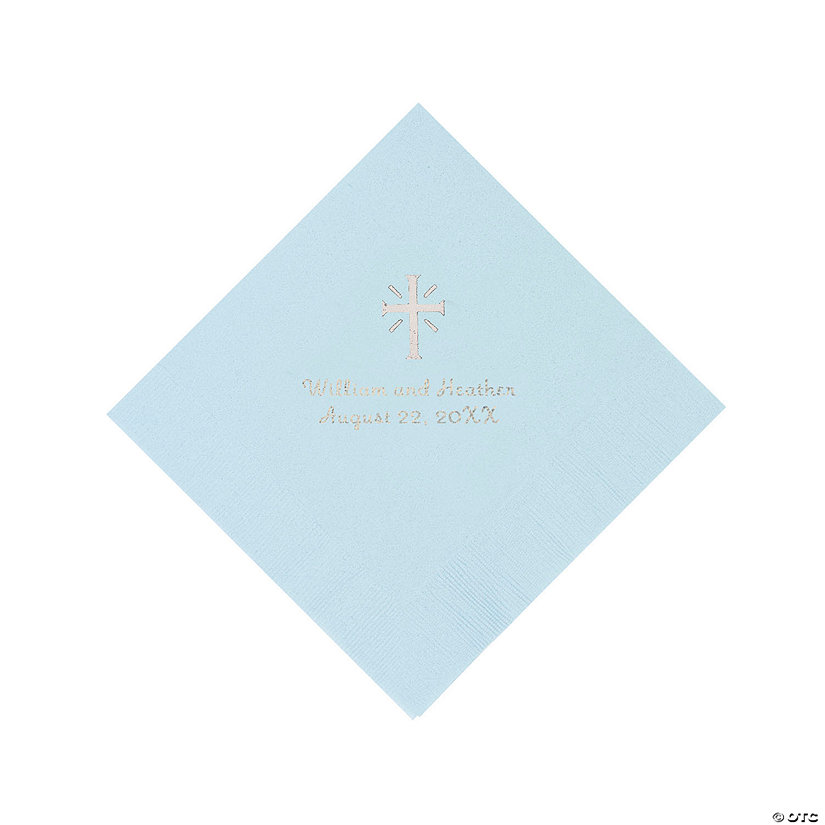 Light Blue Cross Personalized Napkins with Silver Foil - 50 Pc. Beverage Image
