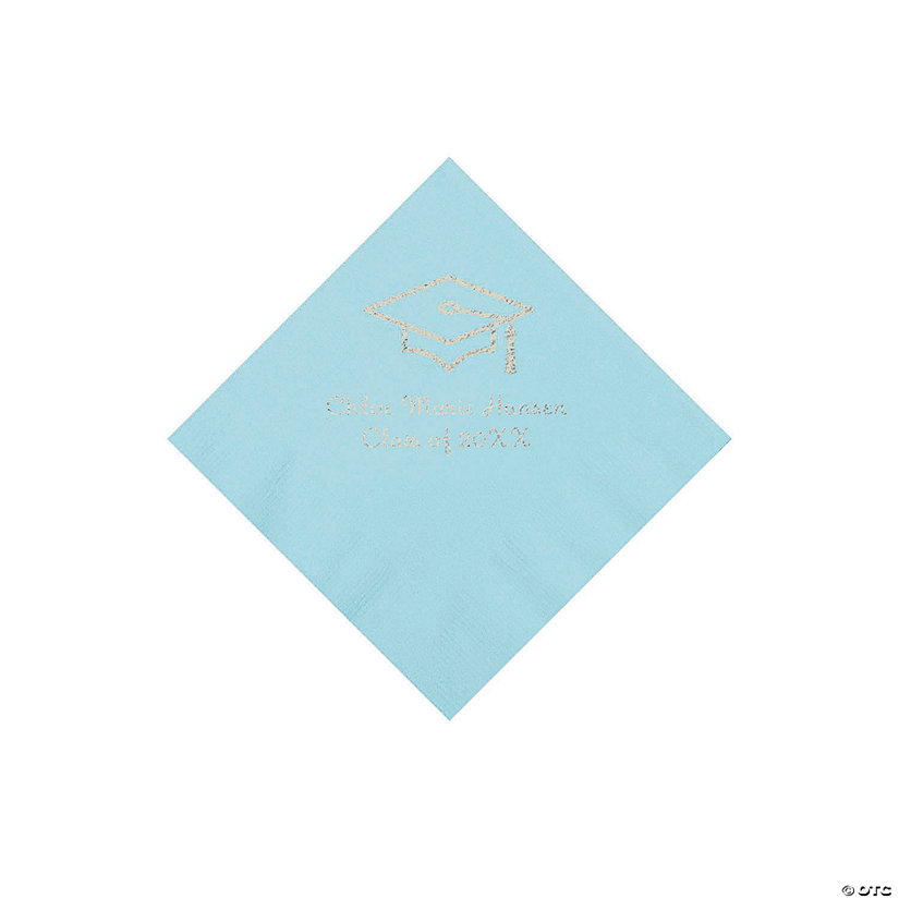Light Blue Grad Mortarboard Personalized Napkins with Silver Foil &#8211; 50 Pc. Beverage Image Thumbnail