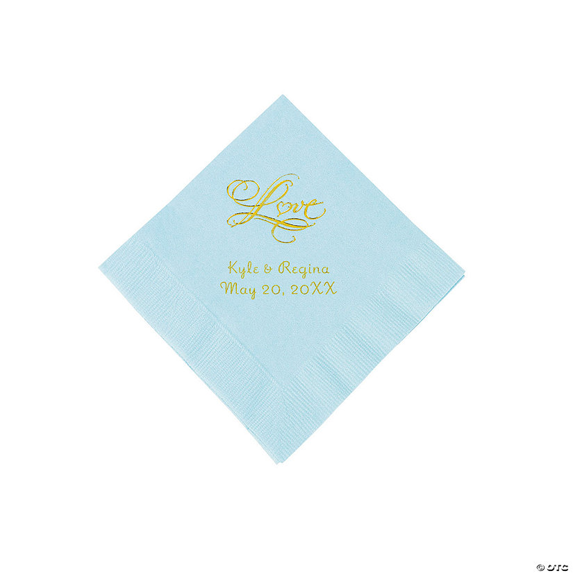 Light Blue &#8220;Love&#8221; Personalized Napkins with Gold Foil - Beverage Image