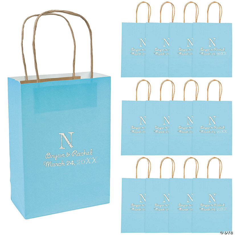 Light Blue Medium Personalized Monogram Welcome Gift Bags with Silver Foil - 12 Pc. Image