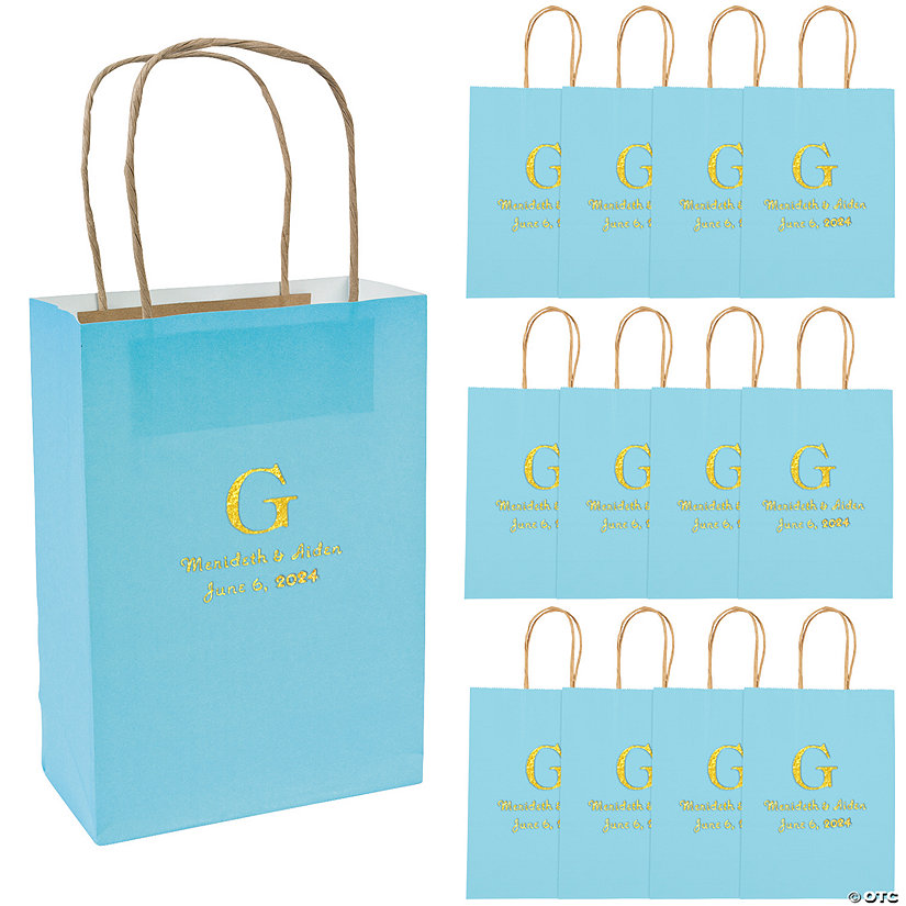 Light Blue Medium Personalized Monogram Welcome Paper Gift Bags with Gold Foil - 12 Pc. Image Thumbnail