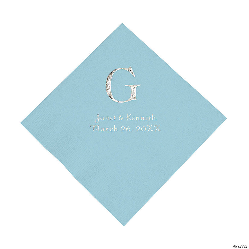 Light Blue Monogram Wedding Personalized Napkins with Silver Foil - Luncheon Image