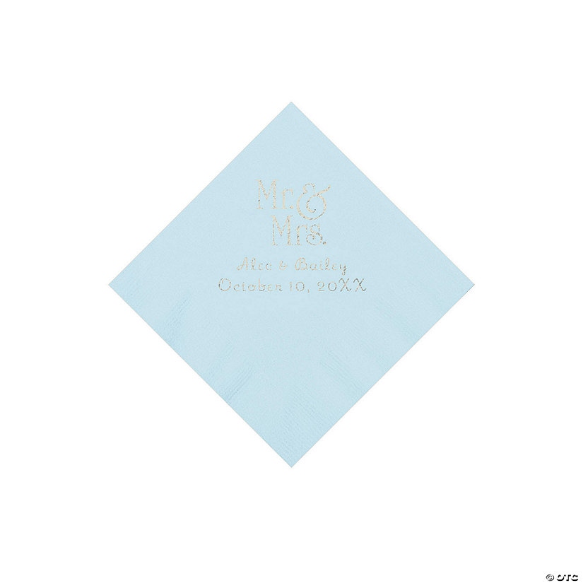 Light Blue Mr. & Mrs. Personalized Napkins with Silver Foil - 50 Pc. Beverage Image