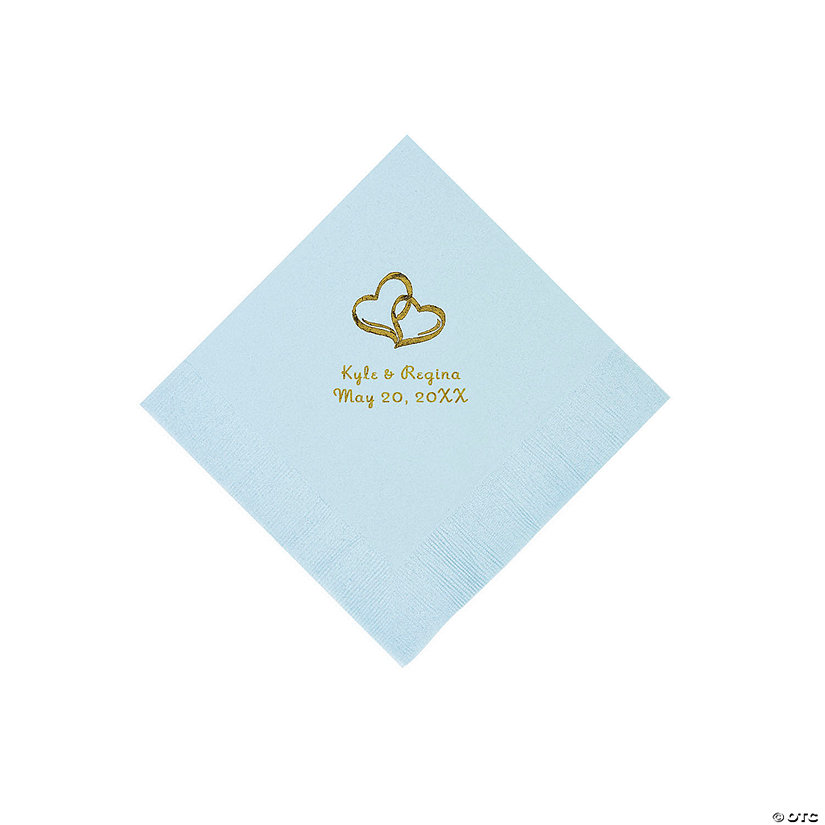 Light Blue Two Hearts Personalized Napkins with Gold Foil - Beverage Image