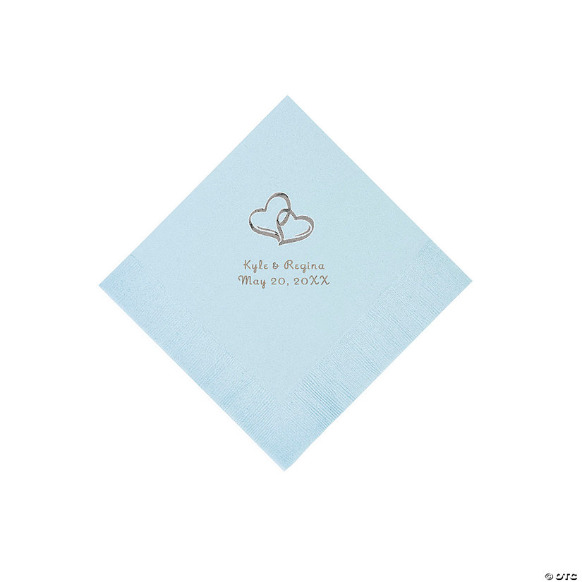 Light Blue Two Hearts Personalized Napkins with Silver Foil - Beverage Image