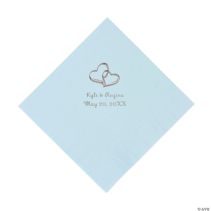 Light Blue Two Hearts Personalized Napkins with Silver Foil - Luncheon Image