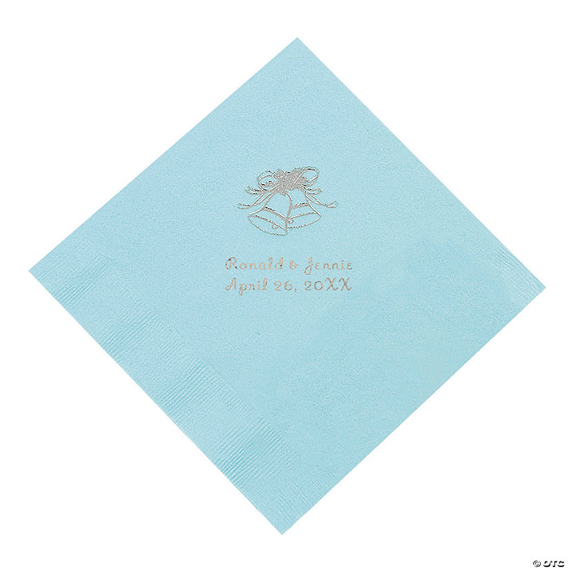 Light Blue Wedding Bell Personalized Napkins with Silver Foill - Beverage Image Thumbnail