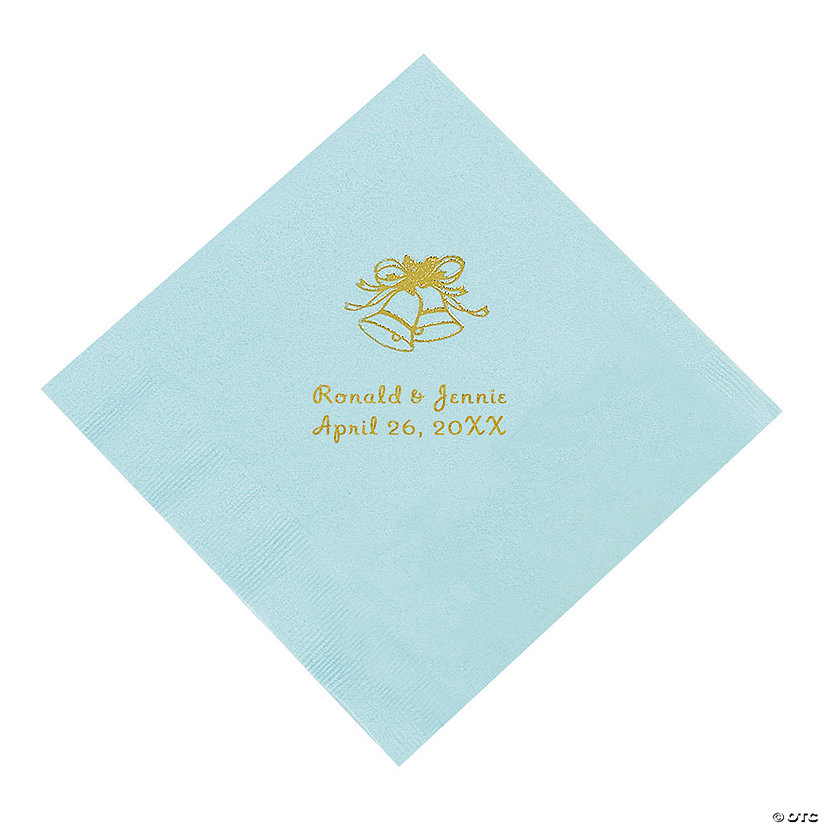 Light Blue Wedding Bells Personalized Napkins with Gold Foil - Beverage Image Thumbnail