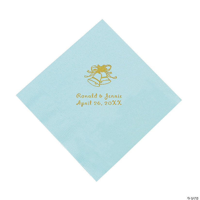 Light Blue Wedding Bells Personalized Napkins with Gold Foil - Luncheon Image Thumbnail