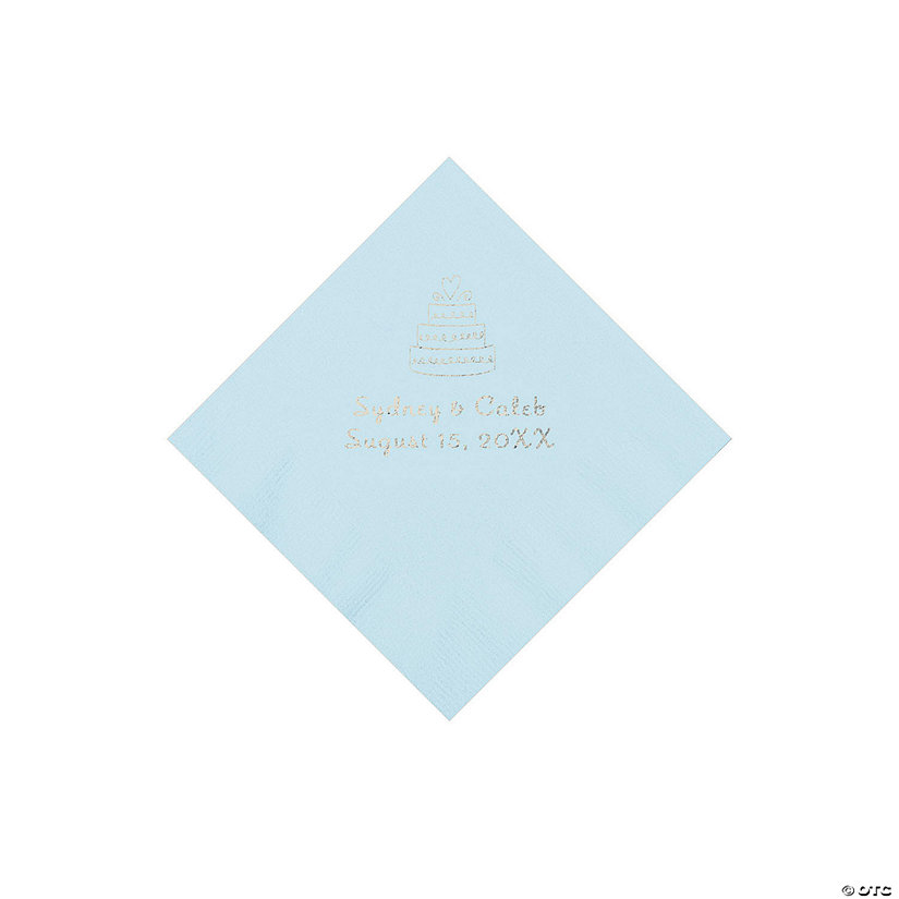 Light Blue Wedding Cake Personalized Napkins with Silver Foil - 50 Pc. Beverage Image