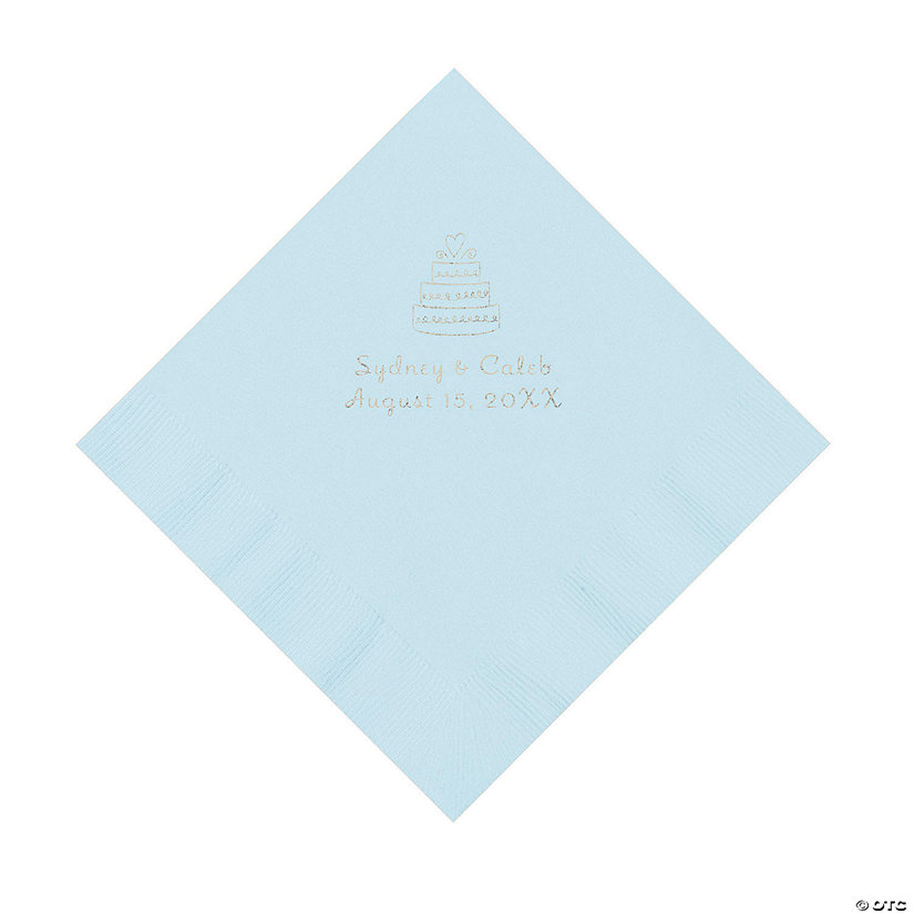 Light Blue Wedding Cake Personalized Napkins with Silver Foil - 50 Pc. Luncheon Image