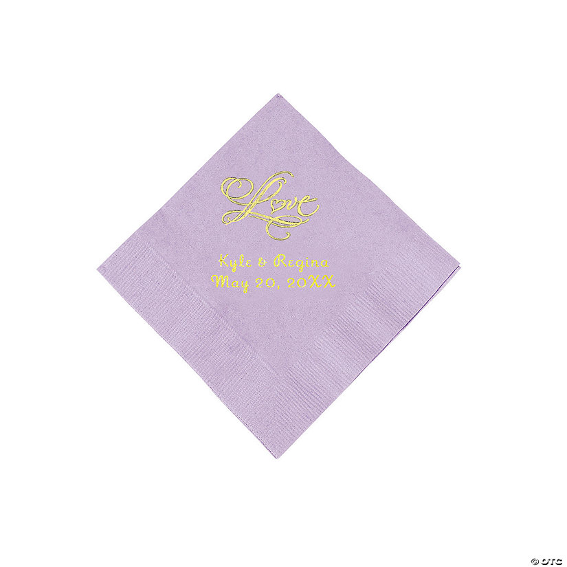 Lilac &#8220;Love&#8221; Personalized Napkins with Gold Foil - Beverage Image