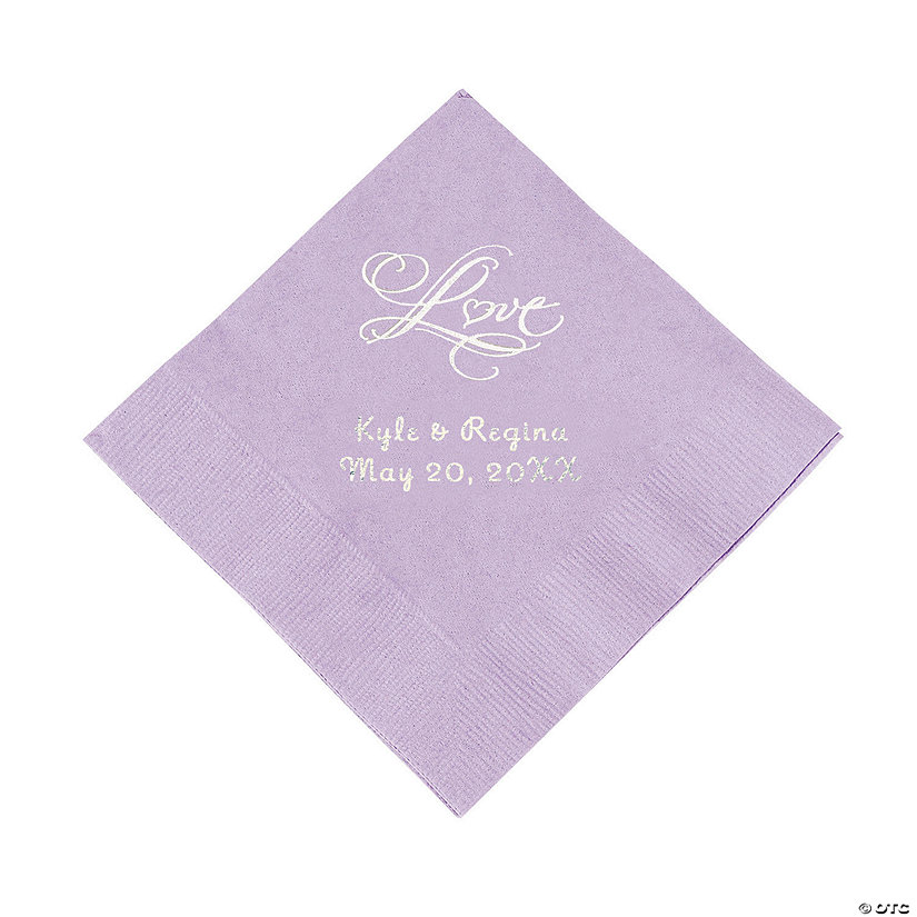 Lilac &#8220;Love&#8221; Personalized Napkins with Silver Foil - Beverage Image Thumbnail
