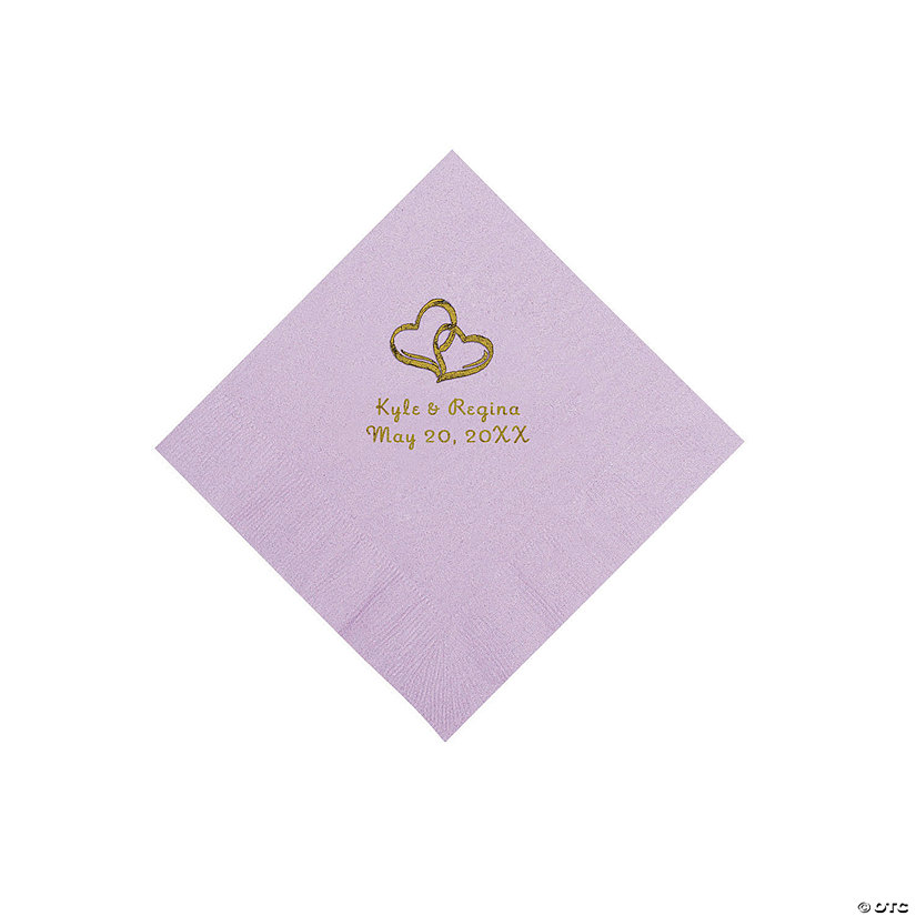 Lilac Two Hearts Personalized Napkins with Gold Foil - Beverage Image Thumbnail