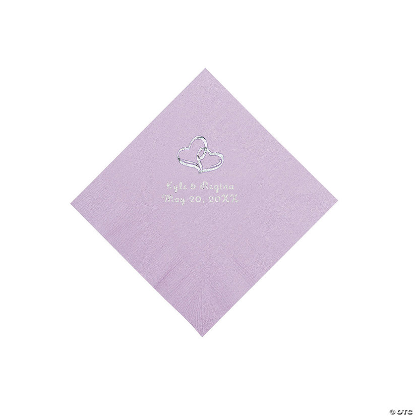Lilac Two Hearts Personalized Napkins with Silver Foil - Beverage Image