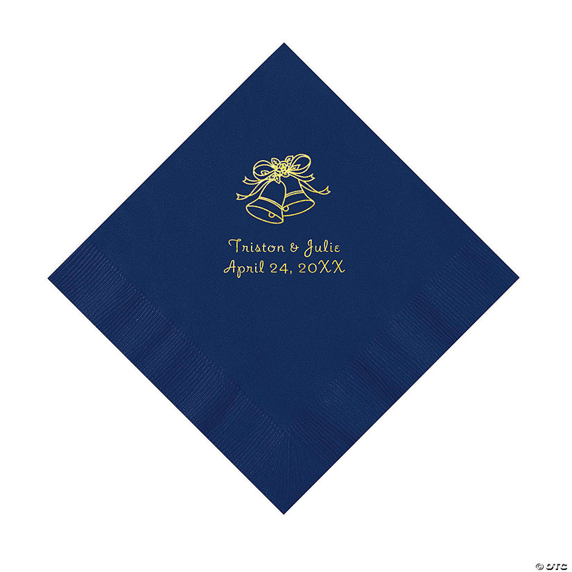 Navy Blue Wedding Bells Personalized Napkins with Gold Foil - Luncheon Image Thumbnail