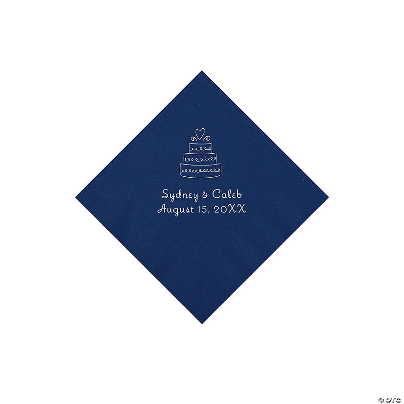 Navy Blue Wedding Cake Personalized Napkins with Silver Foil - 50 Pc. Beverage Image