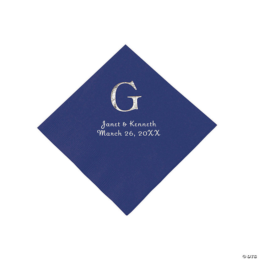 Navy Blue Wedding Monogram Personalized Napkins with Silver Foil - Beverage Image Thumbnail