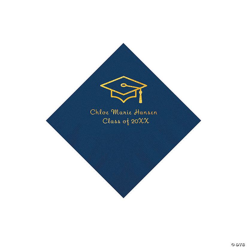 Navy Grad Mortarboard Personalized Napkins with Gold Foil &#8211; 50 Pc. Beverage Image Thumbnail