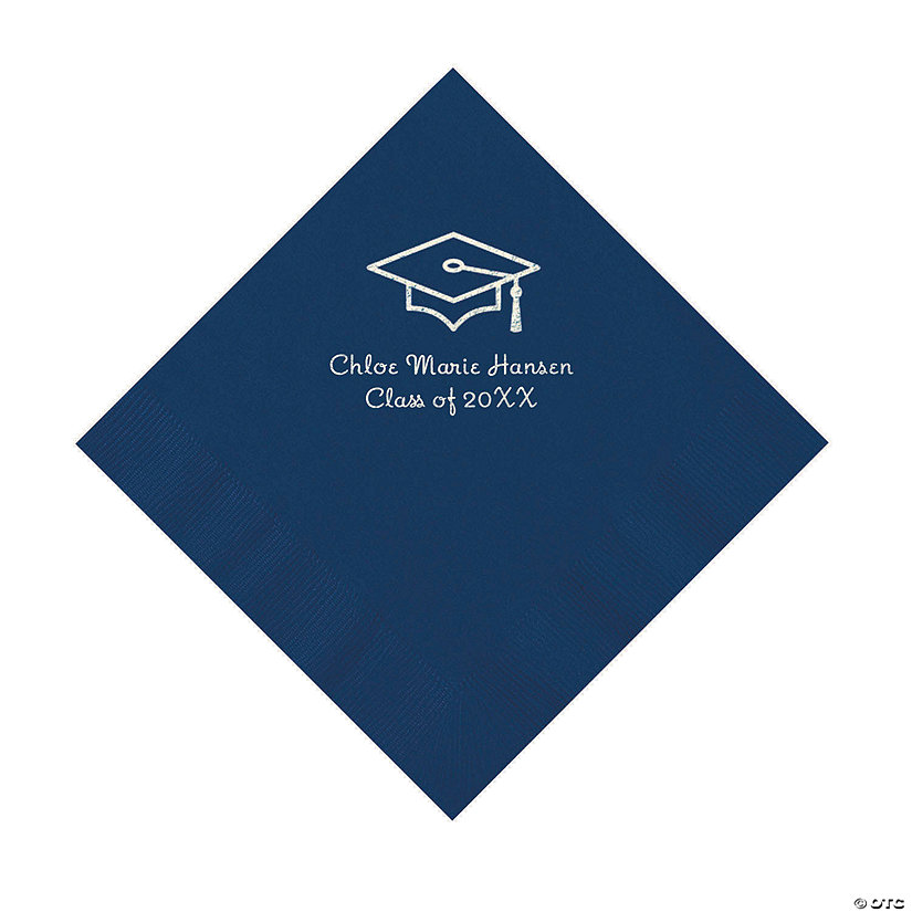 Navy Grad Mortarboard Personalized Napkins with Silver Foil &#8211; 50 Pc. Luncheon Image Thumbnail